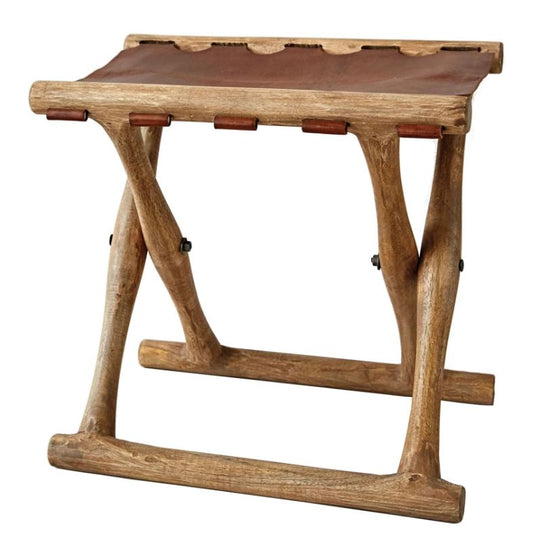 Acacia Wood & Leather Folding Stool