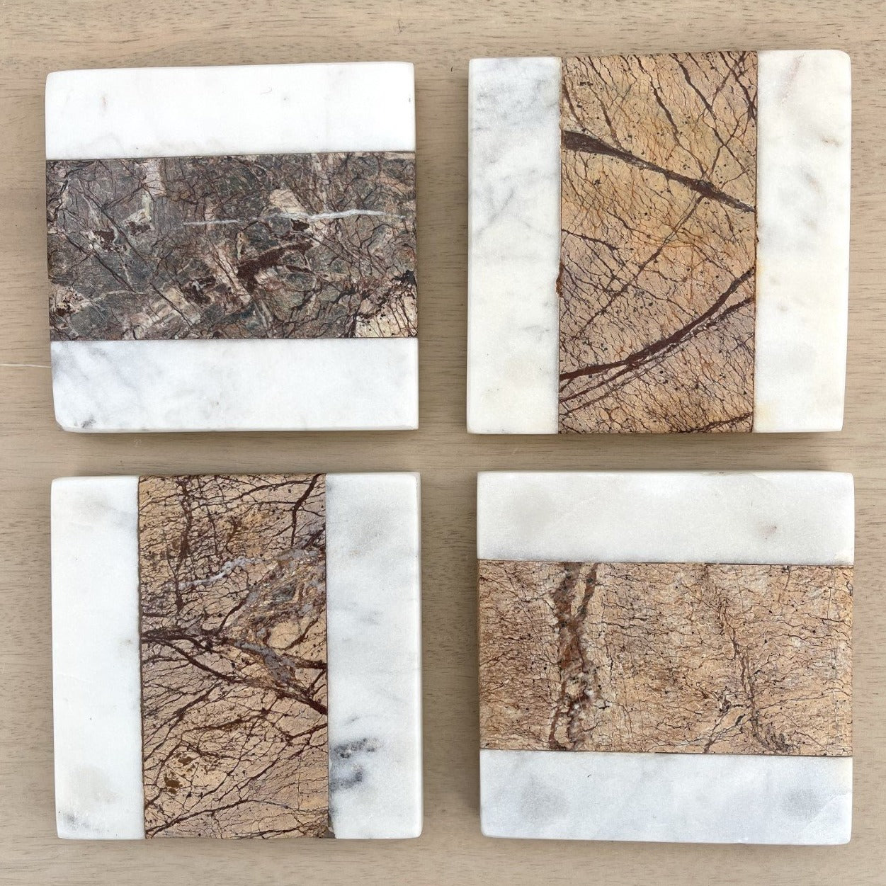 'drinks on me' square marble and wood coaster set